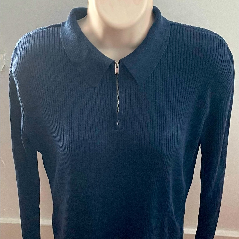 Via Seta silk blend navy blue ribbed collared 1/4 zip sweater, size M Minimalist
